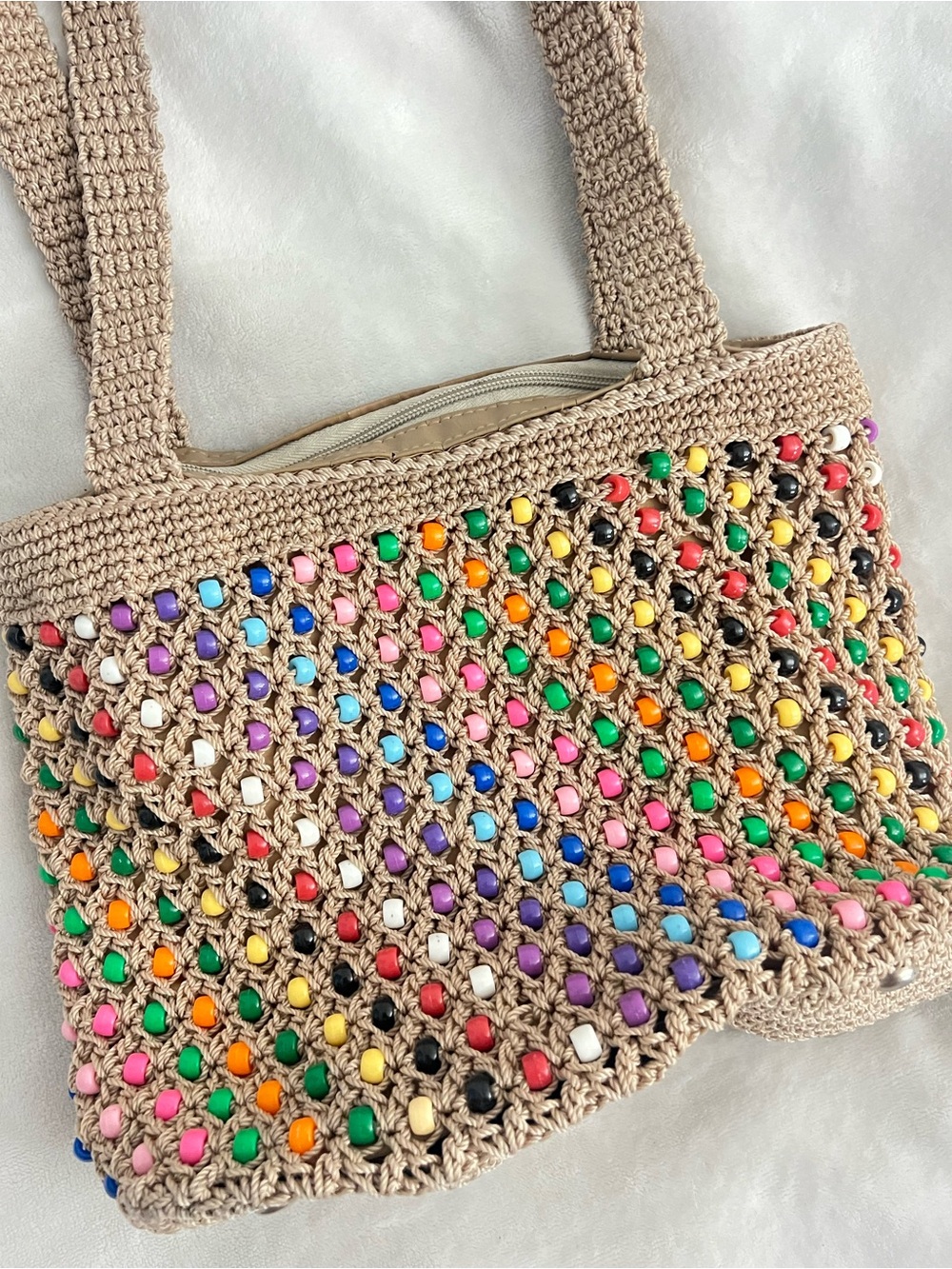 Beige Crochet Shoulder Bag with Bead Accents (Important: See Imperfections)